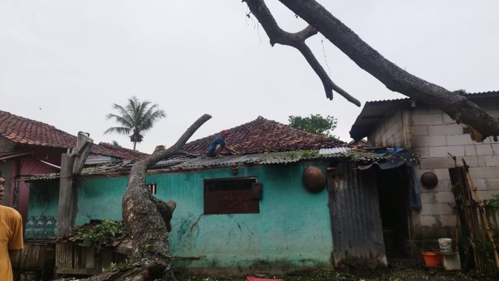 Babinkamtibmas Desa Kaliasin Aipda Kodir Evakuasi Pohon Tumbang yang menimpa Rumah Warga